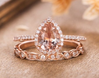 Rose Gold Engagement Ring Set Pear Shaped Morganite Bridal Set Art Deco Halo Diamond Women Half Eternity Wedding Anniversary Gift For Her