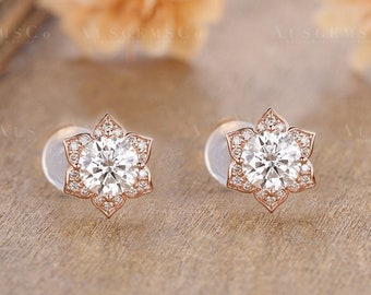 Flora Earrings Moissanite Stud Earrings Petite Halo Diamond Earrings Flower Stud Ear Post Dainty Women Earrings Solid 14K Gold Gift for Her