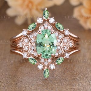 Flower Oval Green Sapphire Engagement Ring Set Unique Enhancer Wedding Band Cluster Moissanite Marquise Leaf Ring Floral Promise Anniversary