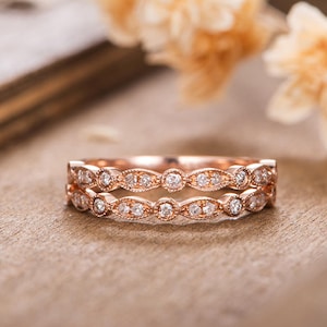 Art Deco Wedding Band Women Rose Gold 2pcs Diamond Delicate Minimalist Marquise Half Eternity Bridal Dainty Stacking Matching Promise Gift