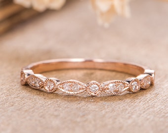 Rose Gold Art Deco Wedding Band Women Diamond Dainty Minimalist Bridal Marquise Delicate Bezel Set Milgrain Anniversary Half Eternity Ring