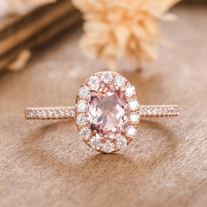 Morganite Engagement Ring  Oval Cut Rose Gold Halo Half Eternity Diamond Ring Promise Women Wedding Ring Antique Anniversary Gift Unique