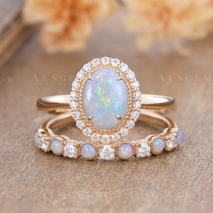 Antique Opal Engagement Ring Sets Yellow Gold Oval Natural Opal Bridal Set Diamond Halo Ring Flora Wedding Ring Women Milgrain Gift For Her