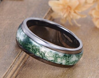 7mm Eternity Moss Agate Mens Wedding Ring Black Gold Wedding Band Women Natural Moss Agate Comfort Fit Black Ring For Men & Women Promise