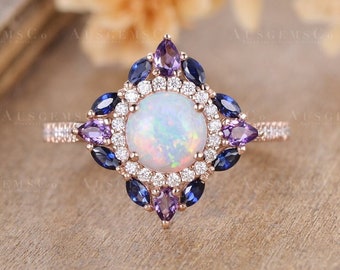 Unique Opal Engagement Ring Floral Rose Gold Double Halo Round Cut Diamond Half Eternity Marquise Pear Cut Amethyst Sapphire Birthstone Ring