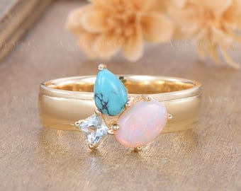 天然オーストラリア産オパール結婚指輪 ヴィンテージ ソリッドゴールド