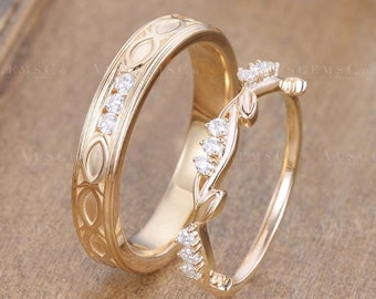 Conjunto de 2 anéis de casal com folhas de videira para homens e mulheres, aliança de casamento em ouro amarelo para ele e para ela, conjunto de alianças de casamento inspiradas na natureza, anel de aniversário