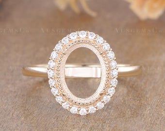 Custom Engagement Ring Setting Classic Yellow Gold Oval Shaped Custom Semi Mount Halo Moissanite Diamond Bezel Setting Personalized Ring
