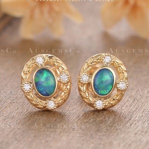 Opal Stud Earrings Gold Bezel Set Engraving Art Deco Women Birthday Gift Antique Diamond Bridal Matching Personalized