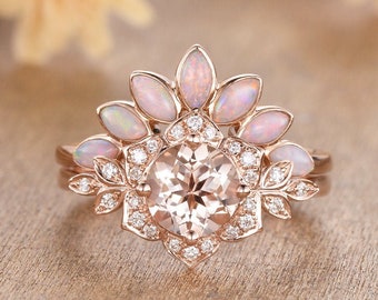 Flower Morganite Engagement Ring Set Antique 2pcs Rose Gold Opal Bridal Set Diamond Halo Floral Ring Opal Ring Vine Leaf Women Ring