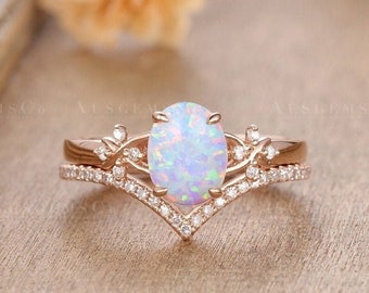 Vintage Opal Engagement Ring Set Oval Cut Bridal Set Rose Gold Opal Ring Infinity Diamond Cluster Ring Vine Leaf Floral Half Eternity Band