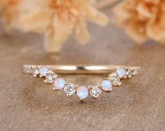 Curved Opal Wedding Band Opal Diamond Wedding Band Custom Made Natural Opal Matching Band Yellow Gold Chevron Stacking Ring Unique Cluster