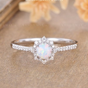 Vintage Opal Engagement Ring Halo Diamond Half Eternity Unique Bridal Ring White Gold Wedding Ring Dainty Delicate Anniversary Gift For Her