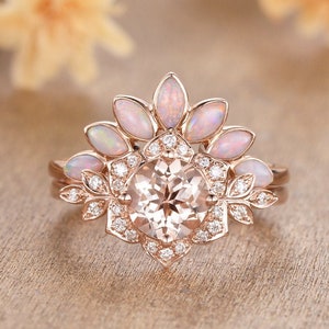 Flower Morganite Engagement Ring Set Antique 2pcs Rose Gold Opal Bridal Set Diamond Halo Floral Ring Opal Ring Vine Leaf Women Ring