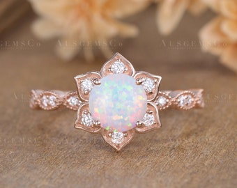 Antique Opal Engagement Ring Vintage Rose Gold Flower Wedding Ring Half Eternity Moissanite Halo Floral Bridal Promise Ring Birthstone Gift