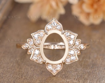 Diamond Engagement Ring Setting Art Deco Yellow Gold Oval Pear Shaped Custom Semi Mount Flower Ring Bridal Dainty Ring Setting Anniversary
