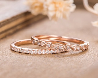 Vintage Rose Gold Wedding Band Women Art Deco Diamond Ring Dainty Minimalist Marquise Delicate Milgrain Half Eternity ring Anniversary Gift