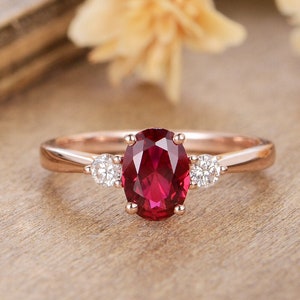 Anel de noivado vintage em ouro rosa, rubi, aliança de compromisso de noiva, três pedras de diamante, feminino, casamento, meia eternidade, pedra de nascimento, presente de aniversário de julho