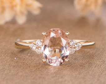 Antique Morganite Engagement Ring Oval Cut Yellow Gold Bridal Ring Cluster Solitaire Half Eternity Diamond Simple Women Anniversary Wedding
