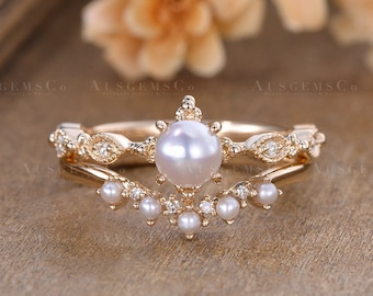 Pearl Engagement Ring Set Yellow Gold Bridal Set Vintage Diamond Ring Unique Solitaire Diamond Half Eternity Round Cut Birthstone Gift 2Pcs