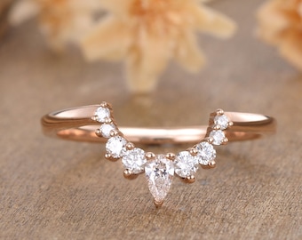 Diamond Curved wedding band woman rose gold ring Vintage Bridal Set Jewelry Antique Solid 14K Matching Promise Anniversary Gift for her