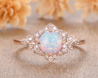 Vintage Opal Engagement Ring Floral Ring Rose Gold Diamond Halo Ring Round Opal Wedding Ring Bridal Cluster Moissanite Leaf Ring Unique Ring