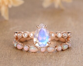 Moonstone And Opal Engagement Ring Pear Shaped Moonstone Diamond Art Deco Natural Opal Band Bezel Set Australia Opal Marquise Shaped Ring