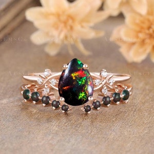 Unique Black Opal Engagement Ring Set Vintage Pear Cut Bridal Set Diamond Cluster Vine Leaf Ring Open Wedding Ring Art Deco Anniversary Gift