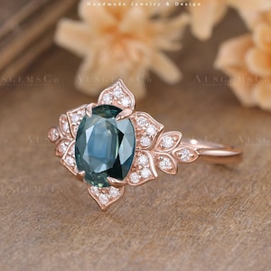 Vintage blaugrün Saphir Verlobungsring blau grün Saphir Ring Rose Gold Blumen Ehering Frauen einzigartige Diamant Cluster Ring Brautring