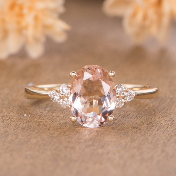 Antique Morganite Engagement Ring Oval Cut Yellow Gold Bridal Ring Cluster Solitaire Half Eternity Diamond Simple Women Anniversary Wedding