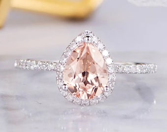 Vintage Morganite Engagement Ring White Gold Pear Shaped Halo Diamond Women Bridal Wedding Ring Antique Ring Half Eternity Anniversary Gift