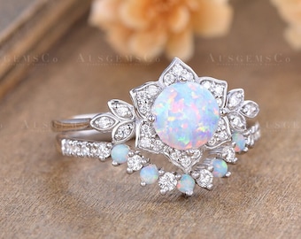 Antique Opal Engagement Ring Set Rose Gold Opal Bridal Set Moissanite Halo Floral Ring Flower Wedding Ring Women Dainty Ring Birthstone Gift