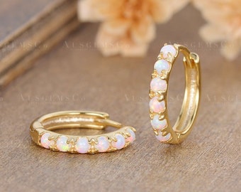 Dainty Opal Huggie Hoop Earrings Unique Natural Opal Hoop Earring Yellow Gold Mini Hoop Birthstone Handmade Jewelry Anniversary Gift For Her