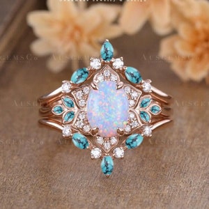 Unique Opal Engagement Ring Set Antique Rose Gold Halo Moissanite Bridal Set Flower Enhancer Ring Set Marquise Cut Turquoise Ring Leaf Ring