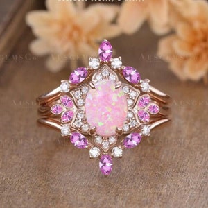Oval Cut Pink Opal Engagement Ring Set Antique Rose Gold Halo Moissanite Bridal Set Flower Enhancer Ring Marquise Pink Sapphire Anniversary
