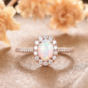 Lab Opal Engagement Ring Rose Gold Oval Cut Moissanite Halo Half Eternity Wedding Ring Vintage Promise Women Bridal Unique Anniversary Gift
