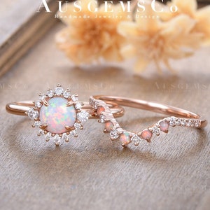 Antique Opal Engagement Ring Set Rose Gold Flora Engagement Ring Halo Diamond Opal Bridal Set Flower Natural Opal Wedding Ring Women Cluster