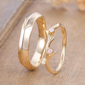 Opal Zweig Paar Ringe Set Für Männer und Frauen Gelbgold Seine und Ihre Ehering Natur inspiriert Ehering Set Minimalistischen Jahrestag