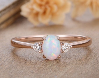 Oval Cut Opal Engagement Ring Diamond Rose Gold Three Stone Bridal Women Australia Opal Anniversary Gift For Her 3 Stone Ring Half Eternity