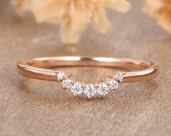 Curved wedding band Rose gold Unique Simple Promise Diamond Mathing band women Handmade custom wedding ring Valentines day gift for her