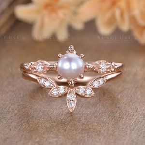 Pearl Engagement Ring Set Rose Gold Diamond Bridal Set Natural Pearl Round Cut Unique Solitaire Ring Half Eternity Birthstone Curve 2 Rings