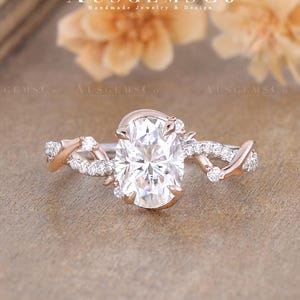 Unique Oval Cut Moissanite Engagement Ring Vine Leaf Twist Wedding Ring Pave Moissanite Two Tone Rose Gold Infinity Ring Anniversary Gift