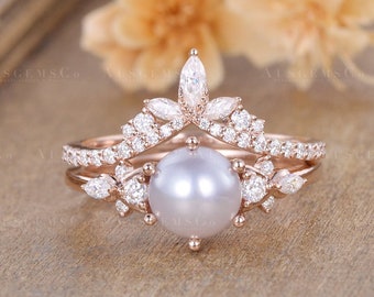 Vintage Akoya Pearl Engagement Ring Set Rose Gold Marquise Moissanite Bridal Set Vine Leaf Wedding Cluster Diamond Half Eternity Anniversary