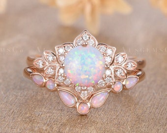 Vintage Opal Engagement Ring Set Curved Wedding Band Women Rose Gold Flower Ring Diamond Cluster Half Eternity Halo Moissanite Bridal Set