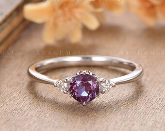 Three Stone Alexandrite Engagement Ring White Gold Dainty Ring Wedding Ring  Bridal Ring Promise Ring Birthstone Women Diamond ring