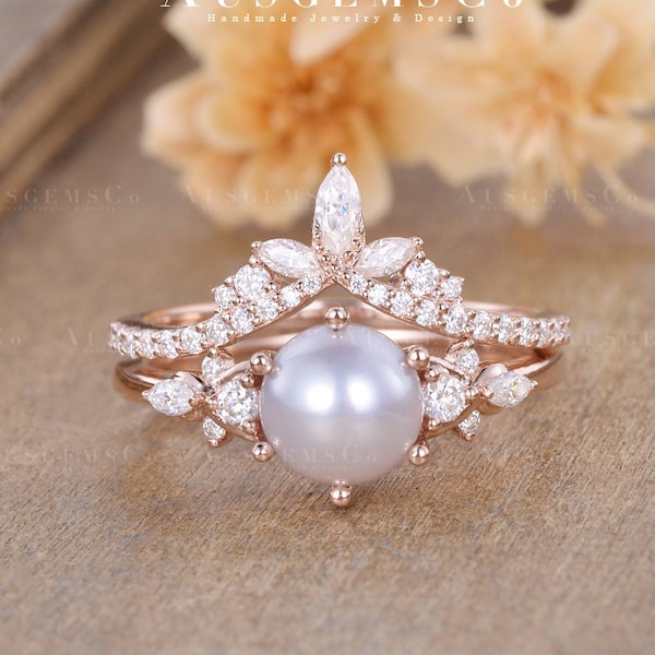 Vintage Akoya Pearl Engagement Ring Set Rose Gold Marquise Moissanite Bridal Set Vine Leaf Wedding Cluster Diamond Half Eternity Anniversary
