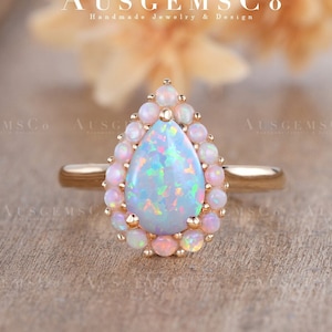 Unique Opal Engagement Ring Yellow Gold Halo Natural Opal Wedding Ring Pear Cut Ring Solitaire Ring Vintage Birthstone Ring Anniversary Gift