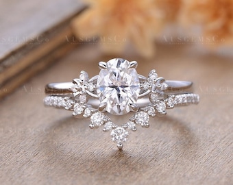 Antieke Moissaniet verlovingsring sets roségouden Moissaniet bruids set diamant cluster bloem bloemen ring ovaal geslepen wijnstok blad vrouwen ring