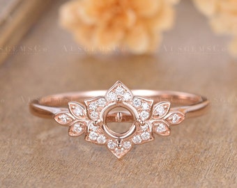 Antique Moissanite Engagement Ring Setting Rose Gold Diamond Halo Ring Setting Flower Floral Ring Bridal Vine Leaf Women Custom Made Ring