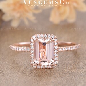 Emerald Cut Morganite Engagement Ring Rose Gold Halo Eternity Band Bridal Wedding Ring Anniversary Gift For Women Simple Peachy Pink